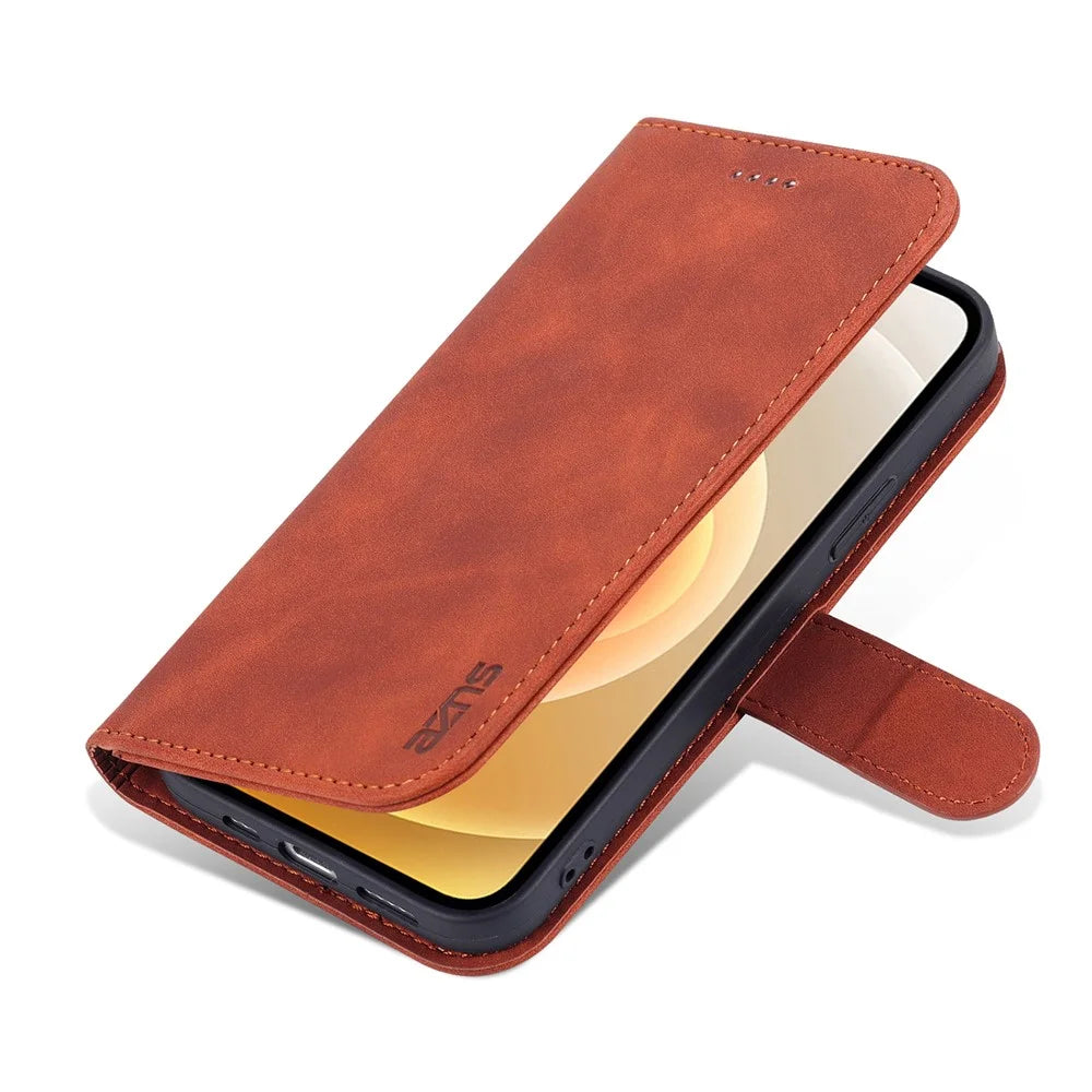 AZNS For iPhone 15 Plus Dustproof Cell Phone Cover Stand Wallet PU Leather Phone Case - Brown - 5