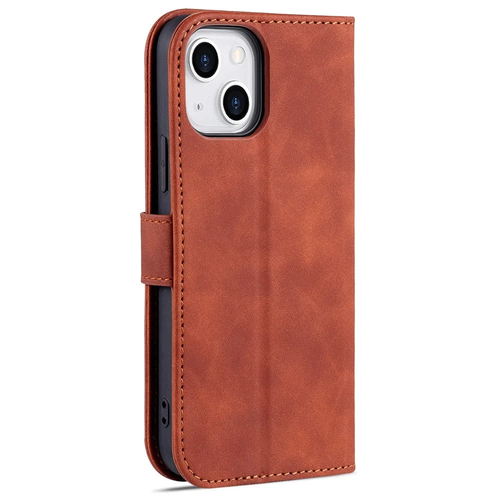 AZNS For iPhone 15 Plus Dustproof Cell Phone Cover Stand Wallet PU Leather Phone Case - Brown - 7