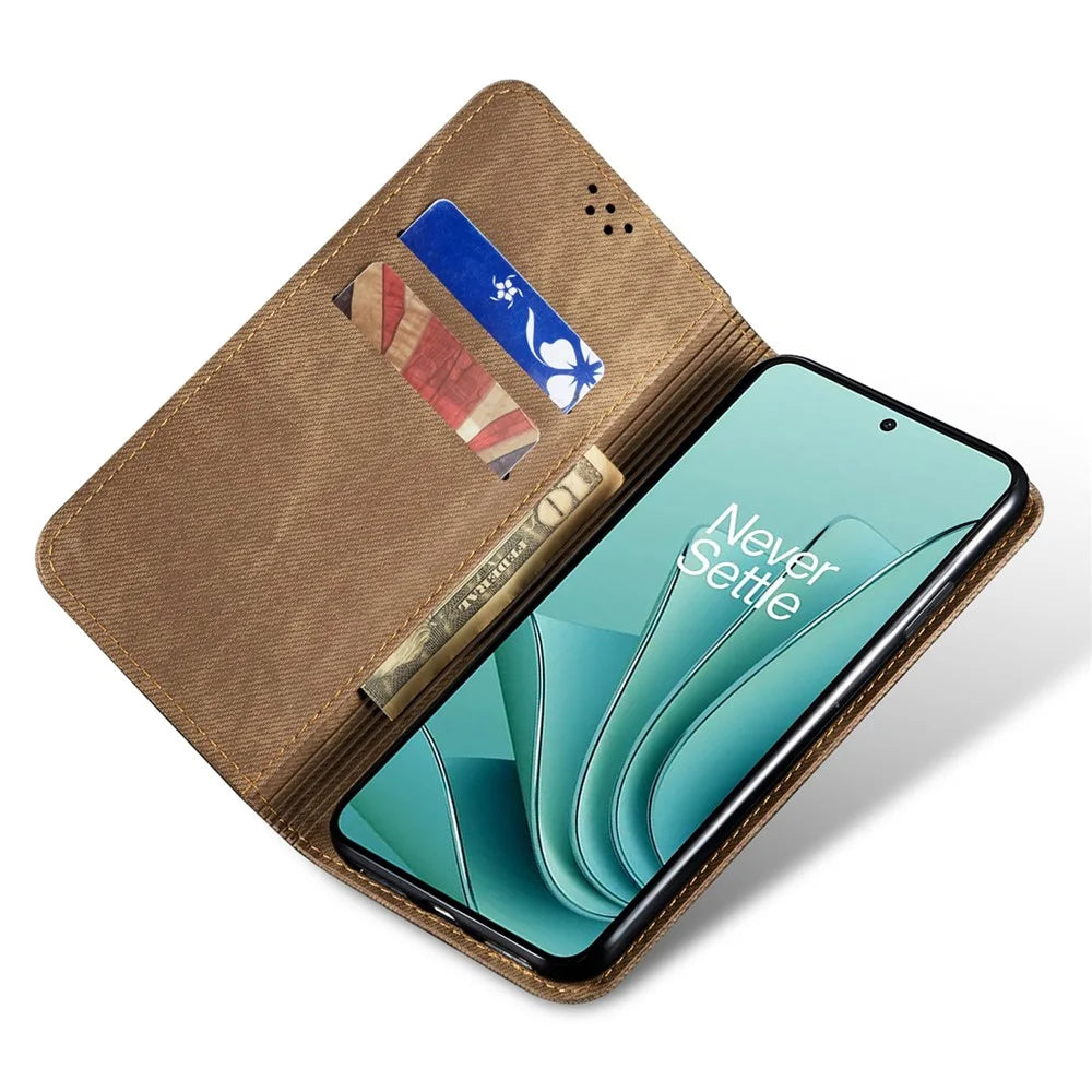 For OnePlus Ace 2V / Nord 3 5G Jeans Cloth Texture Wallet Phone Case PU Leather Stand Cover - Khaki - 2