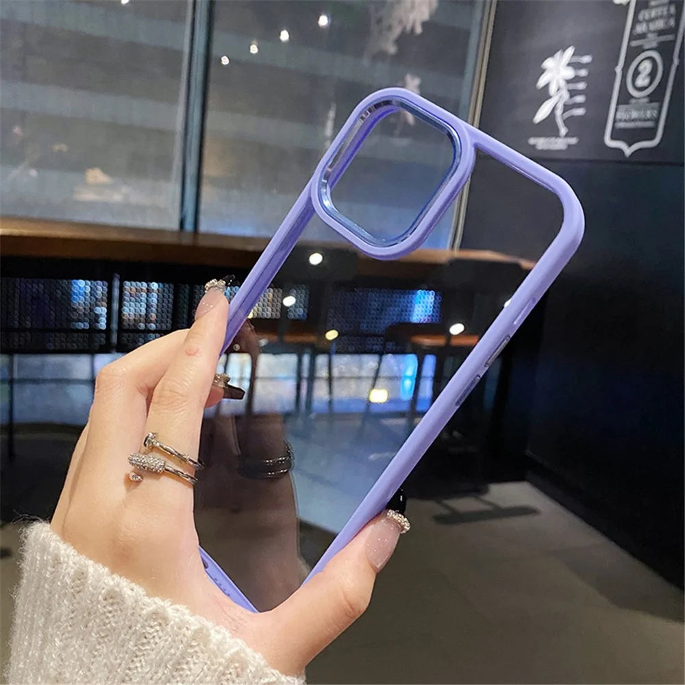 For iPhone 15 Pro Clear Phone Case Soft TPU+Hard PC Shock Absorption Phone Cover with Metal Button Cover - Lavender - 5