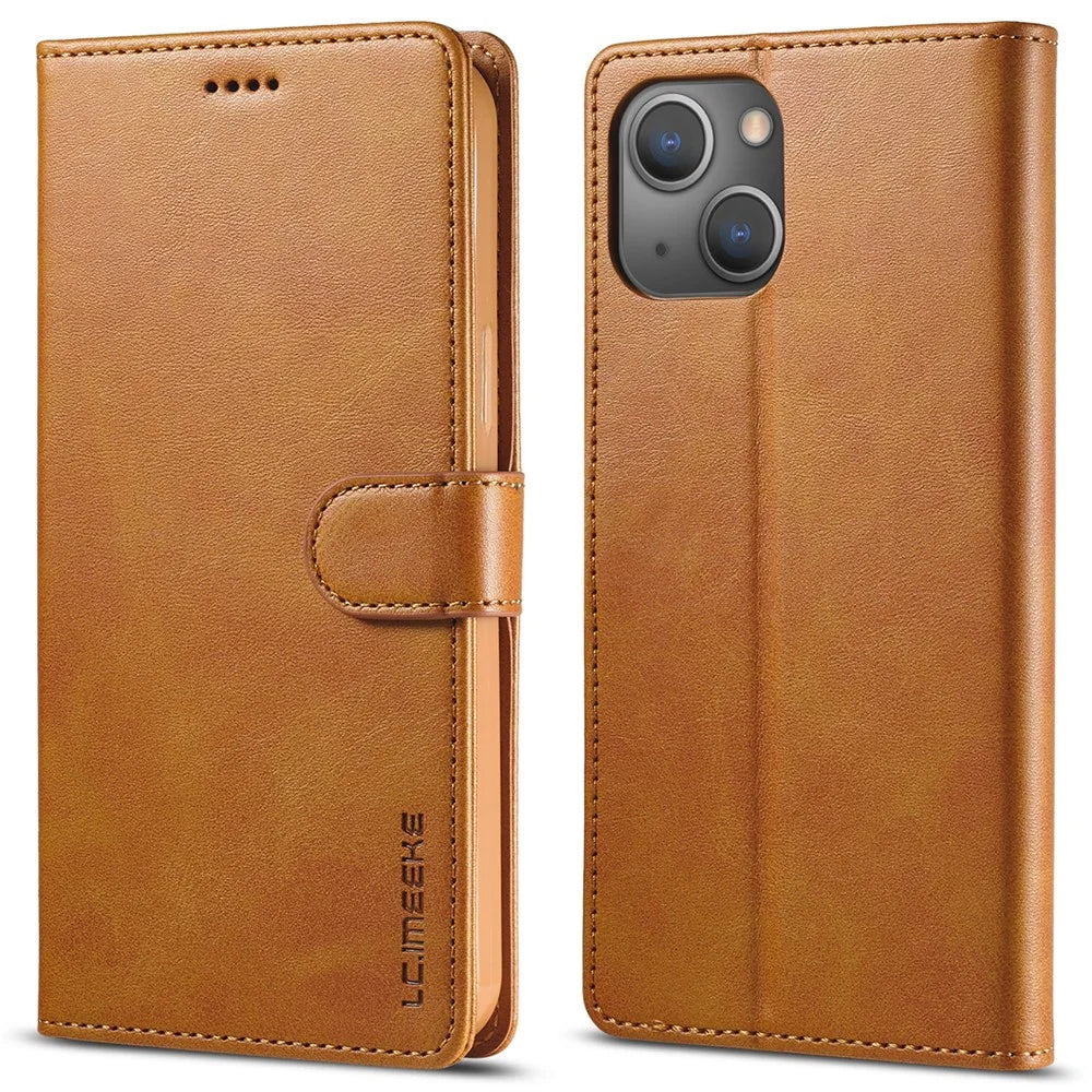 LC.IMEEKE Wallet Case for iPhone 15 Plus , Anti-scratch PU Leather Calf Texture Stand Flip Cover - Yellow - 1