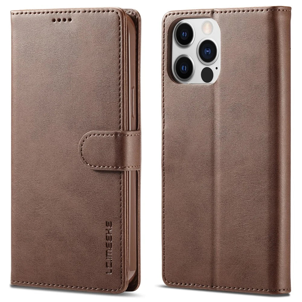 LC.IMEEKE For iPhone 15 Pro Max Wallet Case Calf Texture Foldable Stand PU Leather Flip Cover - Brown - 1