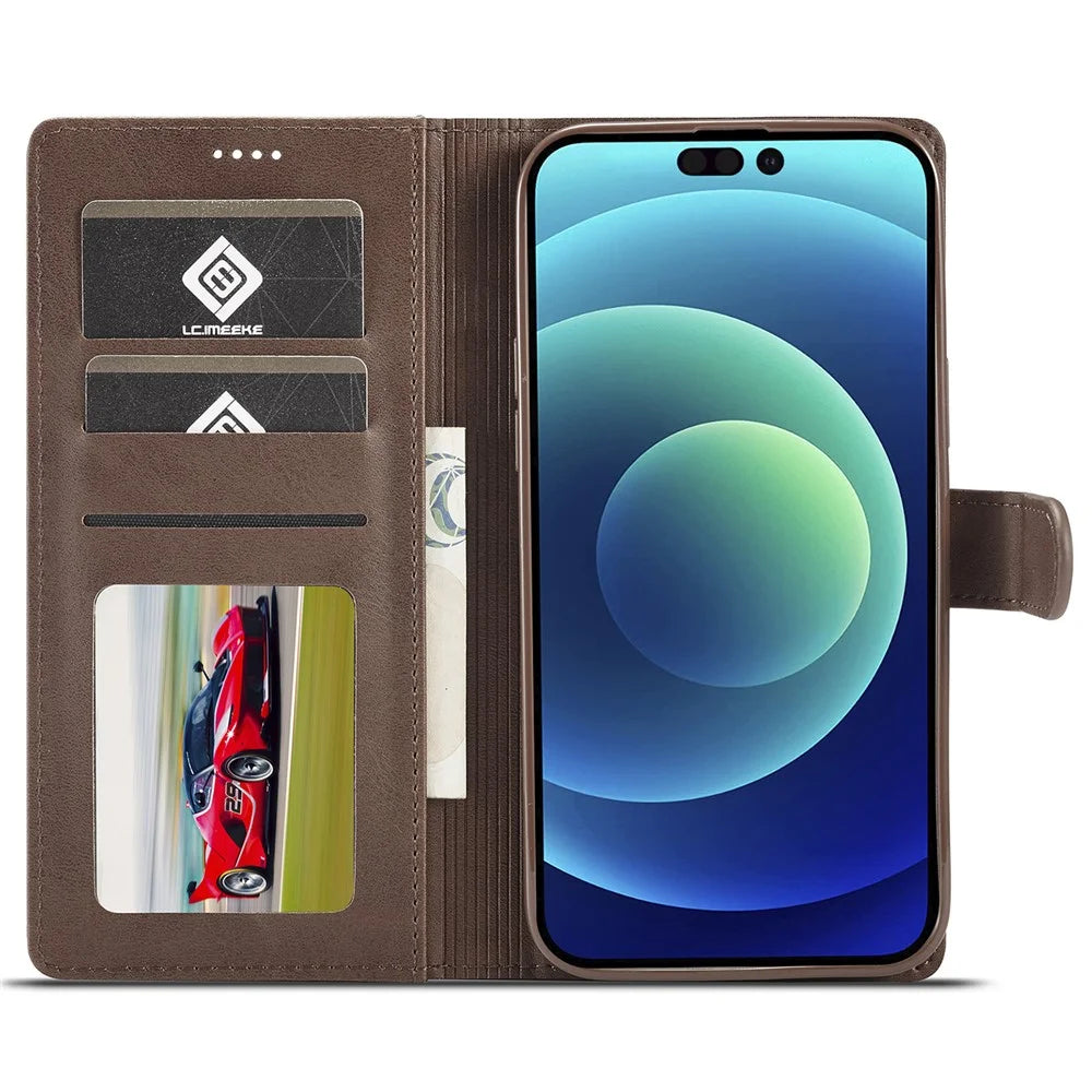 LC.IMEEKE For iPhone 15 Pro Max Wallet Case Calf Texture Foldable Stand PU Leather Flip Cover - Brown - 2