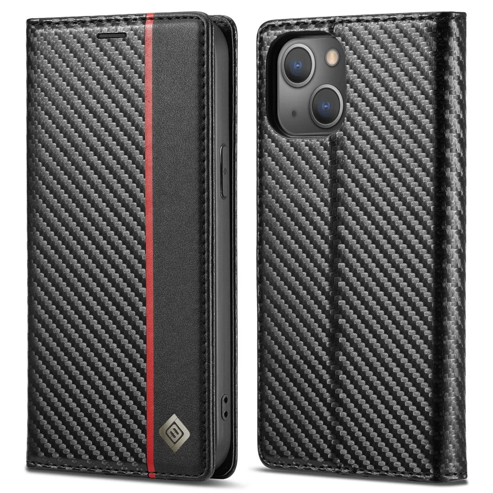 LC.IMEEKE For iPhone 15 Scratch Resistant Leather Stand Cover Carbon Fiber Texture Wallet Phone Case - Vertical Stripe - 1
