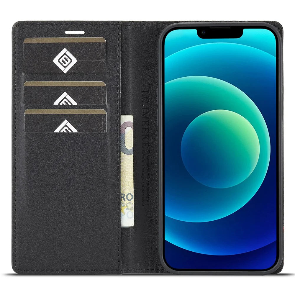 LC.IMEEKE For iPhone 15 Scratch Resistant Leather Stand Cover Carbon Fiber Texture Wallet Phone Case - Vertical Stripe - 2