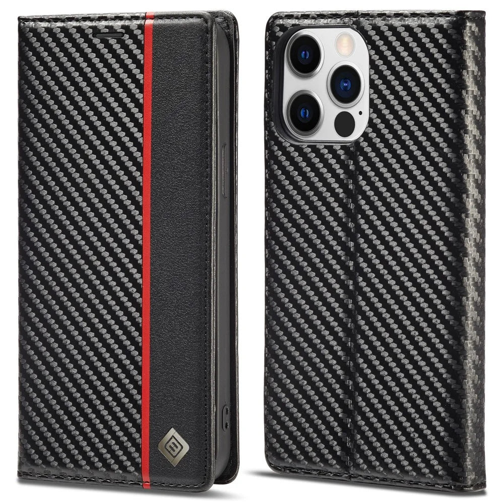 LC.IMEEKE For iPhone 15 Pro Carbon Fiber Texture Stand Cover Wallet Phone Leather Case - Vertical Stripe - 1