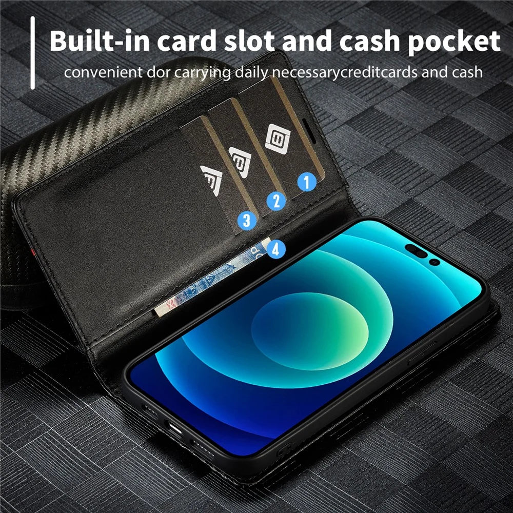 LC.IMEEKE For iPhone 15 Pro Carbon Fiber Texture Stand Cover Wallet Phone Leather Case - Vertical Stripe - 5