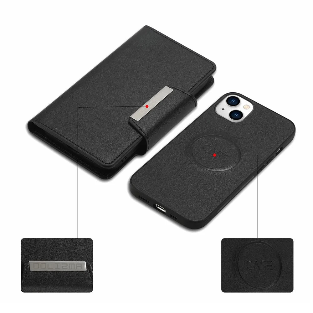 For iPhone 15 Plus PU Leather Detachable Phone Case 2-in-1 Wallet Folio Slim Cover - Black - 3