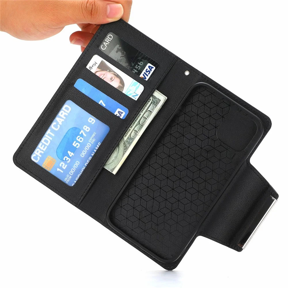 For iPhone 15 Plus PU Leather Detachable Phone Case 2-in-1 Wallet Folio Slim Cover - Black - 6