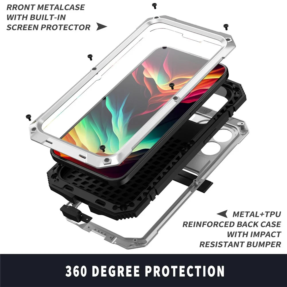 R-JUST For iPhone 15 Pro Kickstand Phone Case PC+Silicone+Metal Shockproof Cover with Tempered Glass Film - Silver - 4