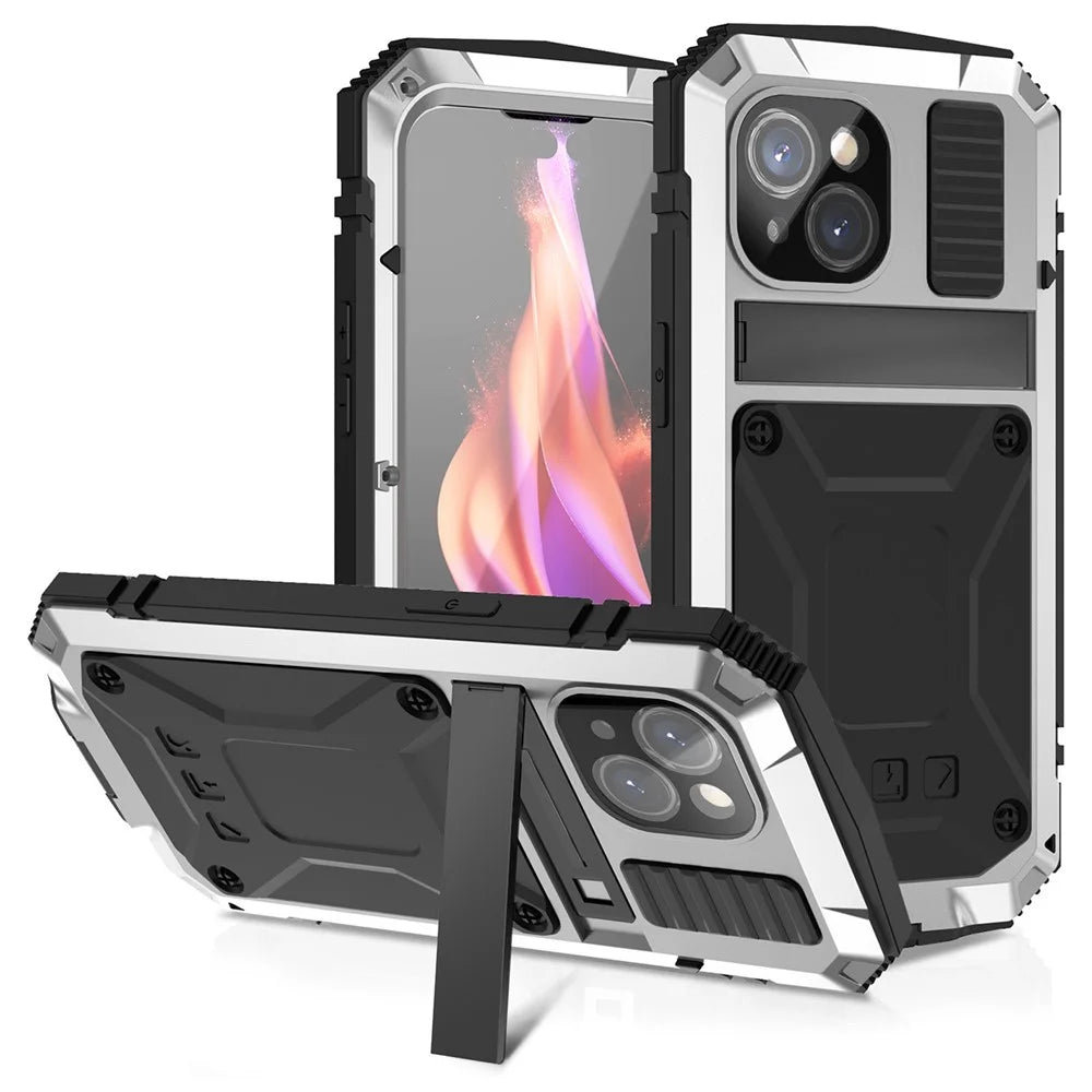 R-JUST Full Protection Kickstand Case for iPhone 15 , PC+Silicone+Metal Phone Cover with Tempered Glass Film - Silver - 1