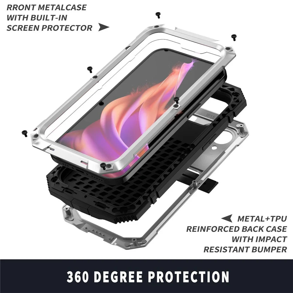 R-JUST Full Protection Kickstand Case for iPhone 15 , PC+Silicone+Metal Phone Cover with Tempered Glass Film - Silver - 4