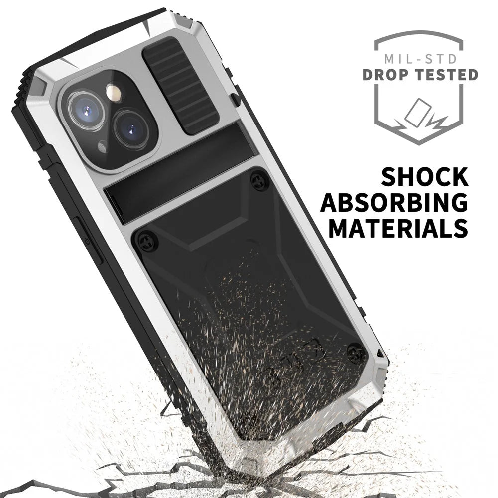 R-JUST Full Protection Kickstand Case for iPhone 15 , PC+Silicone+Metal Phone Cover with Tempered Glass Film - Silver - 7