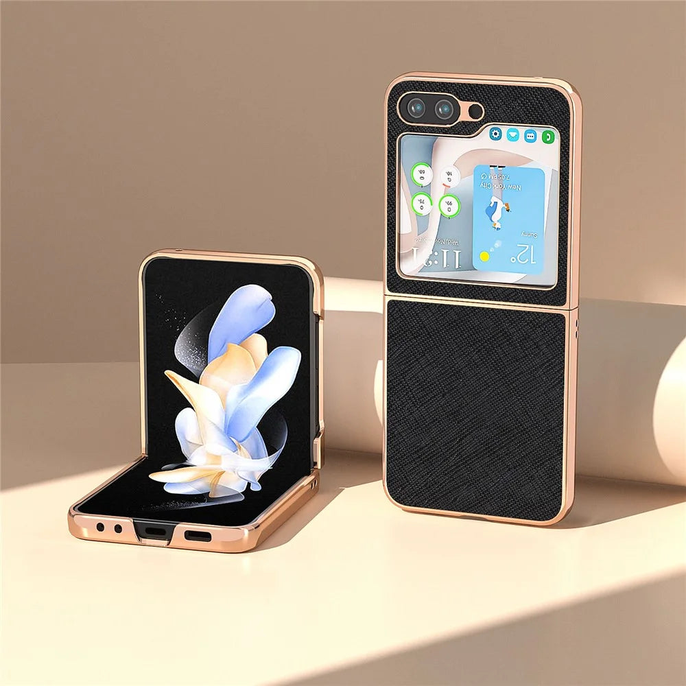 For Samsung Galaxy Z Flip5 5G Genuine Cow Leather Coated PC Phone Case Nano Electroplating Cross Texture Cover - Black - 2