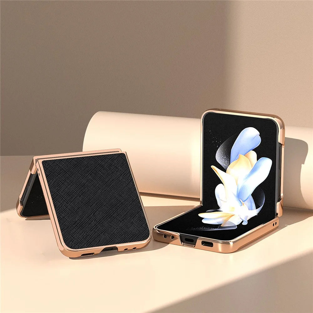 For Samsung Galaxy Z Flip5 5G Genuine Cow Leather Coated PC Phone Case Nano Electroplating Cross Texture Cover - Black - 3