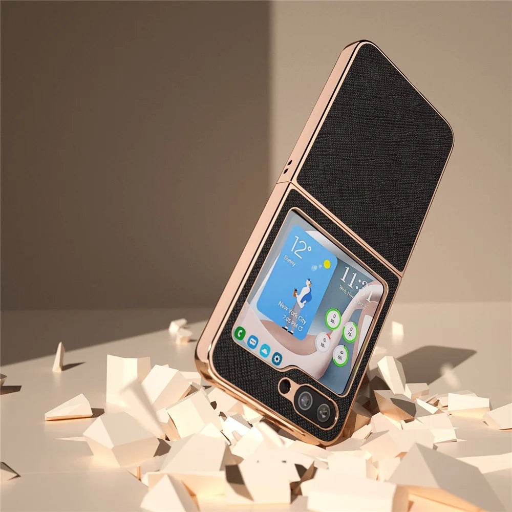 For Samsung Galaxy Z Flip5 5G Genuine Cow Leather Coated PC Phone Case Nano Electroplating Cross Texture Cover - Black - 5