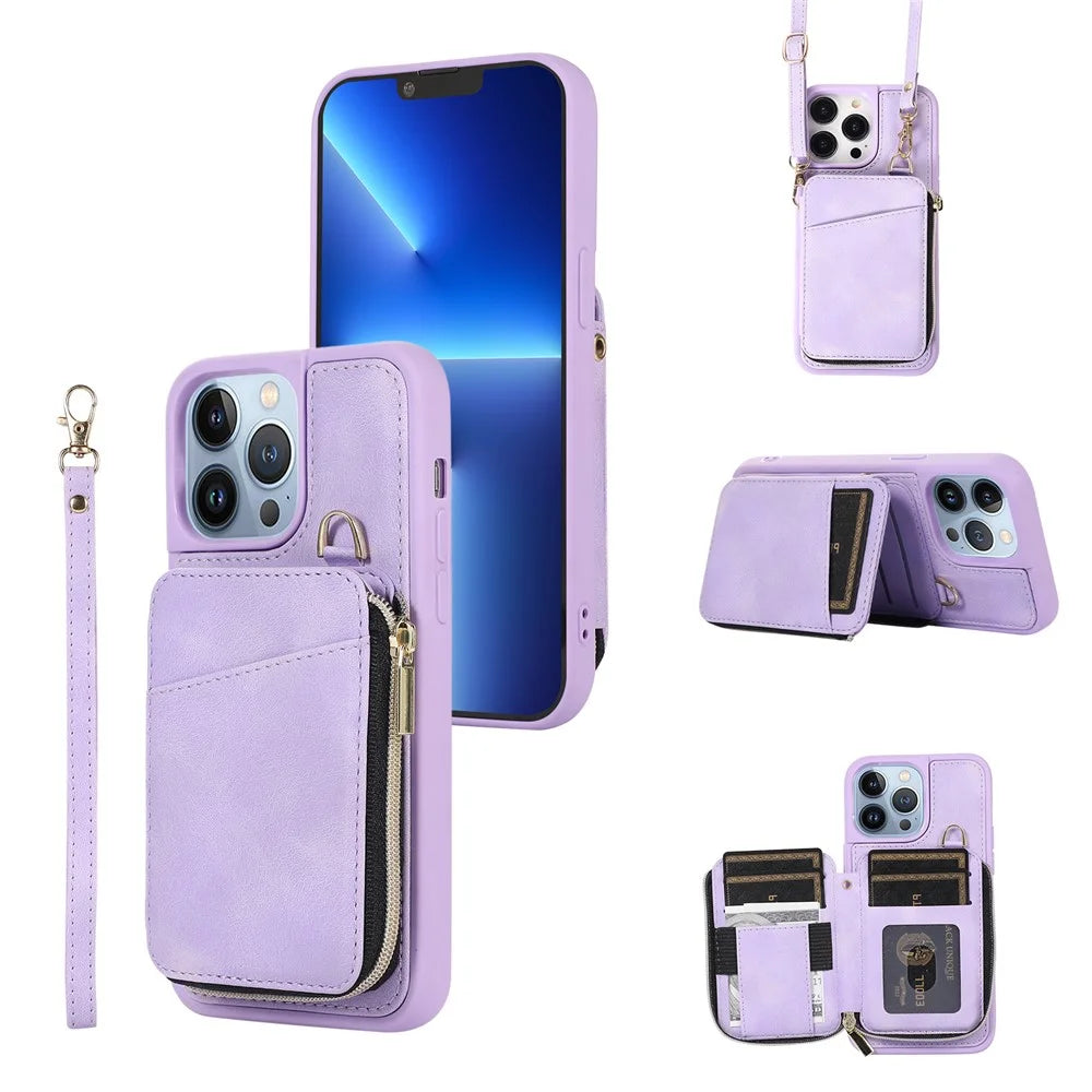 For iPhone 13 Pro Kickstand Zipper Phone Case Wallet Cover PU Leather+TPU Phone Shell - Purple - 1