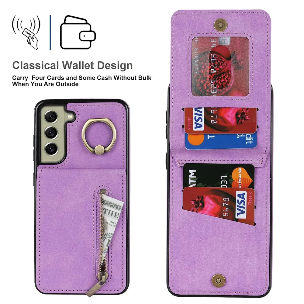Kickstand Zippered Wallet Case for Samsung Galaxy S21 FE 5G Retro PU+TPU RFID Blocking Phone Cover - Purple - 5