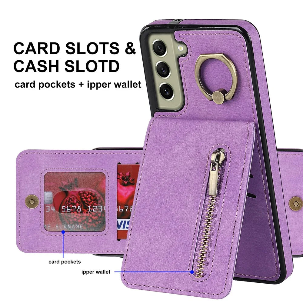 Kickstand Zippered Wallet Case for Samsung Galaxy S21 FE 5G Retro PU+TPU RFID Blocking Phone Cover - Purple - 6
