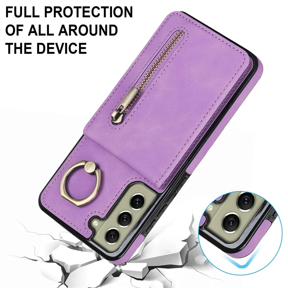 Kickstand Zippered Wallet Case for Samsung Galaxy S21 FE 5G Retro PU+TPU RFID Blocking Phone Cover - Purple - 7