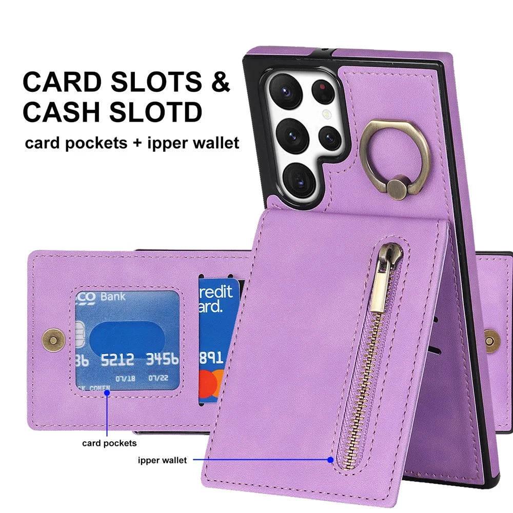 PU+TPU Kickstand Phone Cover for Samsung Galaxy S22 Ultra 5G RFID Blocking Phone Case with Zippered Wallet - Purple - 6