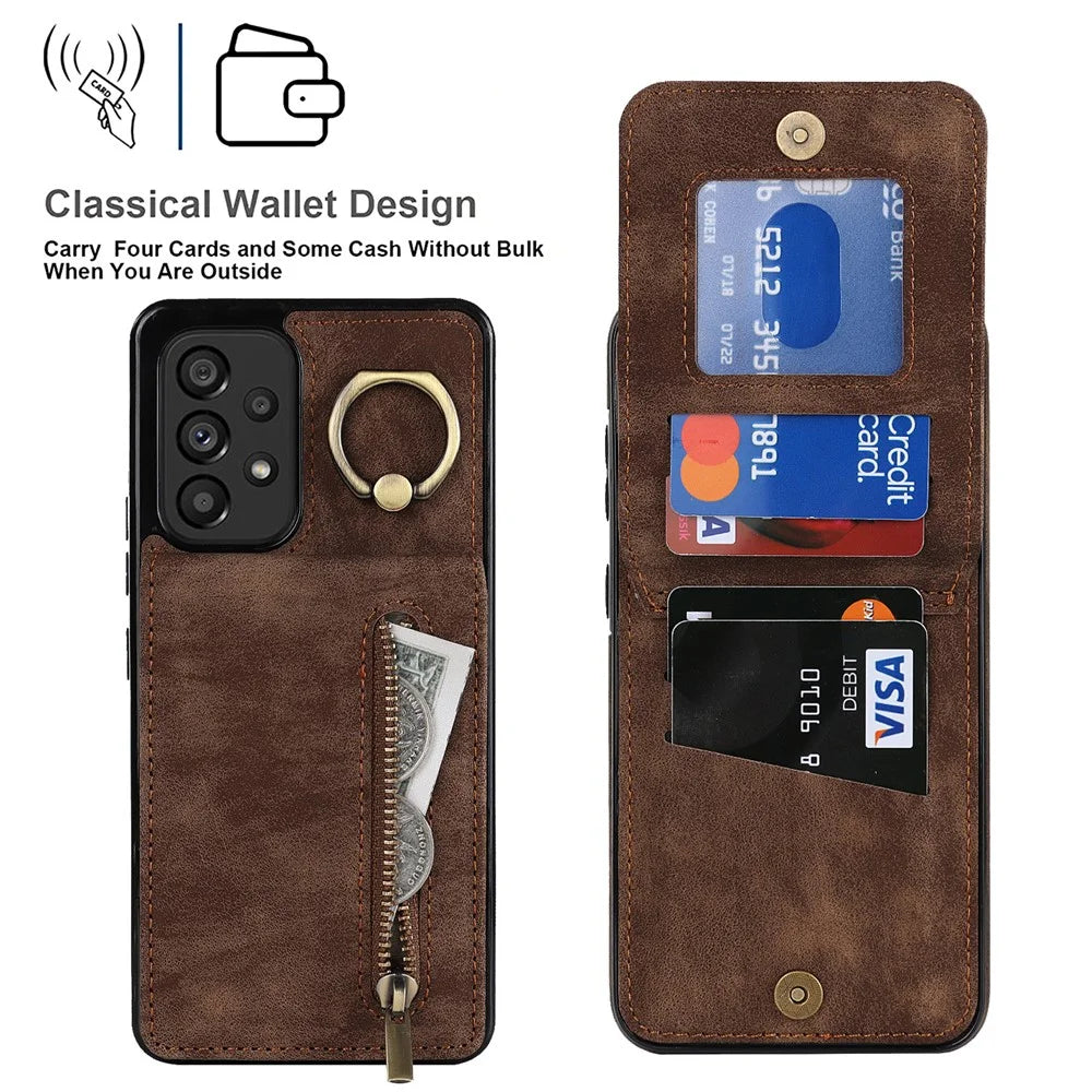 Kickstand Wallet Phone Case for Samsung Galaxy A53 5G RFID Blocking PU+TPU Phone Cover - Brown - 5