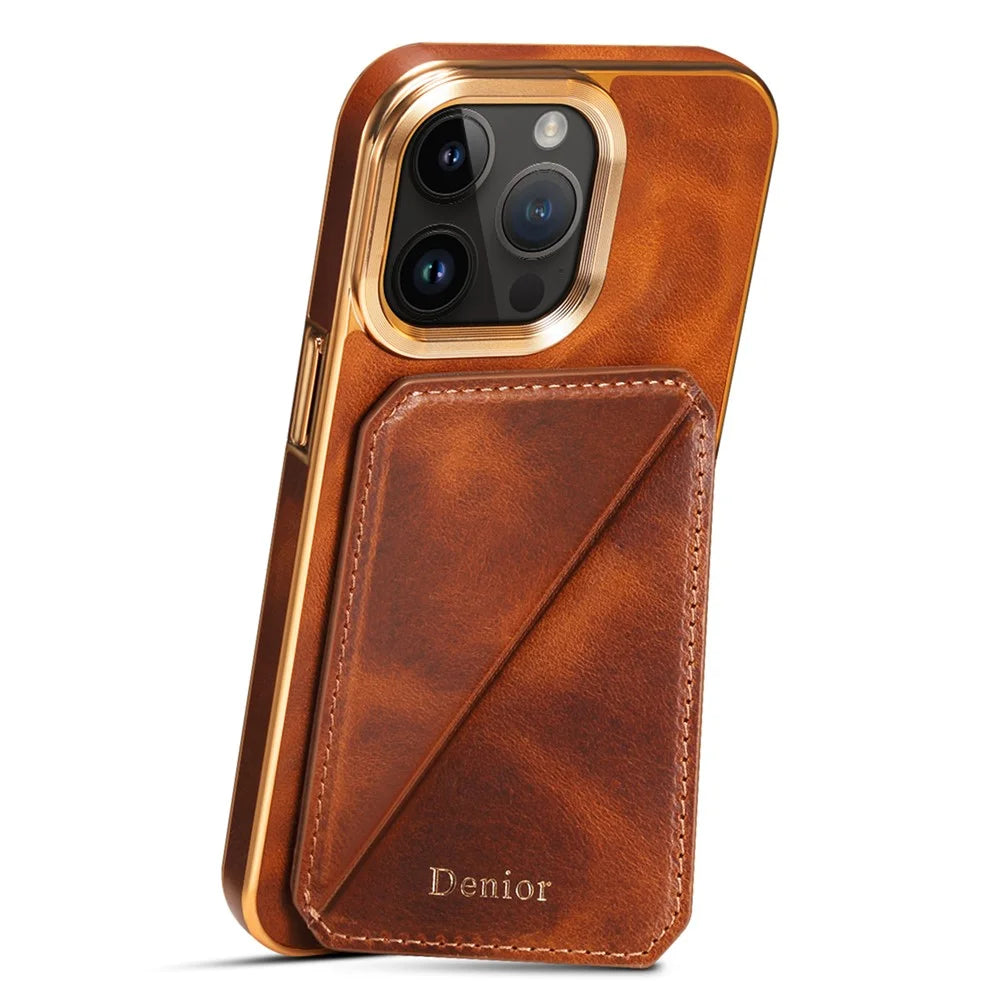 DENIOR For iPhone 13 Pro Card Holder Electroplating Case Waxy Genuine Cow Leather Coated TPU+PC Kickstand Phone Cover - Brown - 2