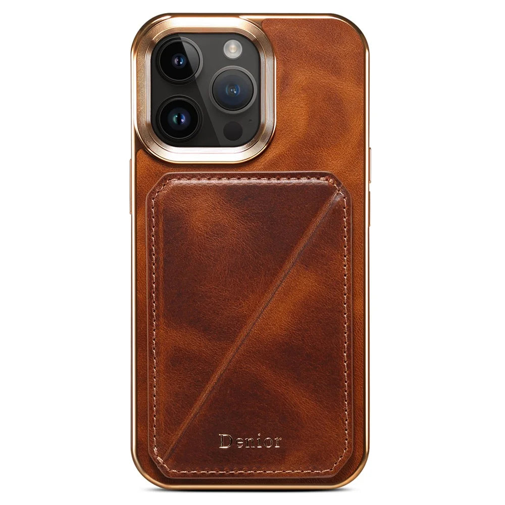 DENIOR For iPhone 13 Pro Max Card Holder Kickstand Cover Waxy Genuine Cow Leather Coated TPU+PC Electroplating Case - Brown - 1