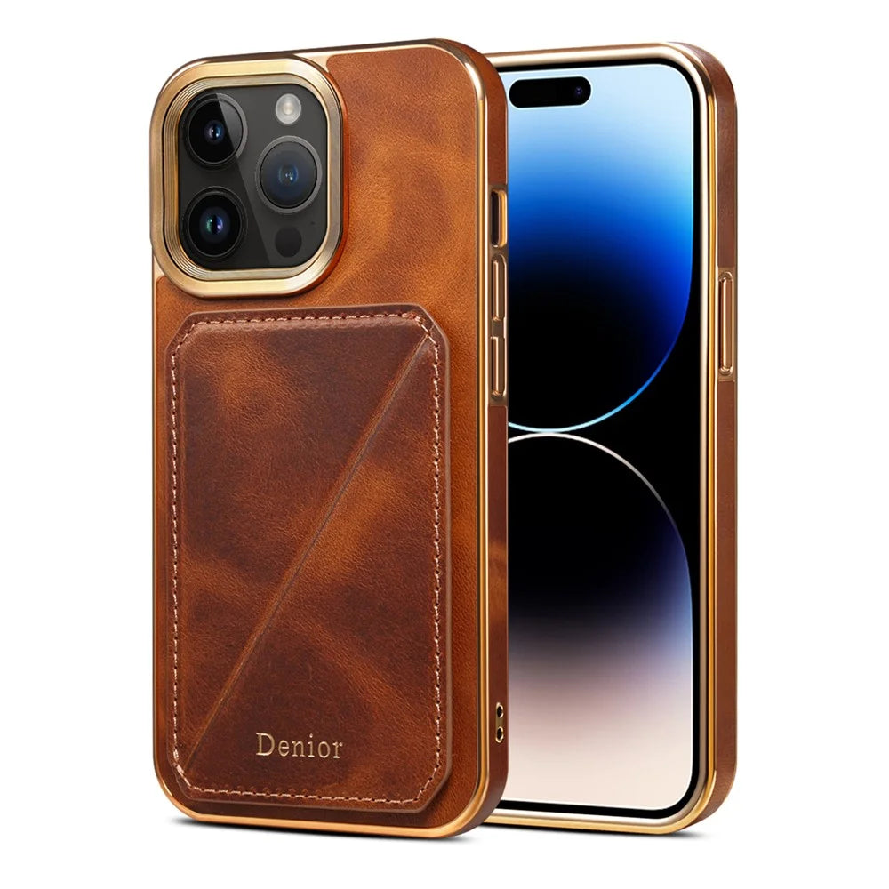 DENIOR For iPhone 14 Pro Max Phone Kickstand Case Card Holder Electroplating Waxy Genuine Cow Leather Coated TPU+PC Cover - Brown - 1