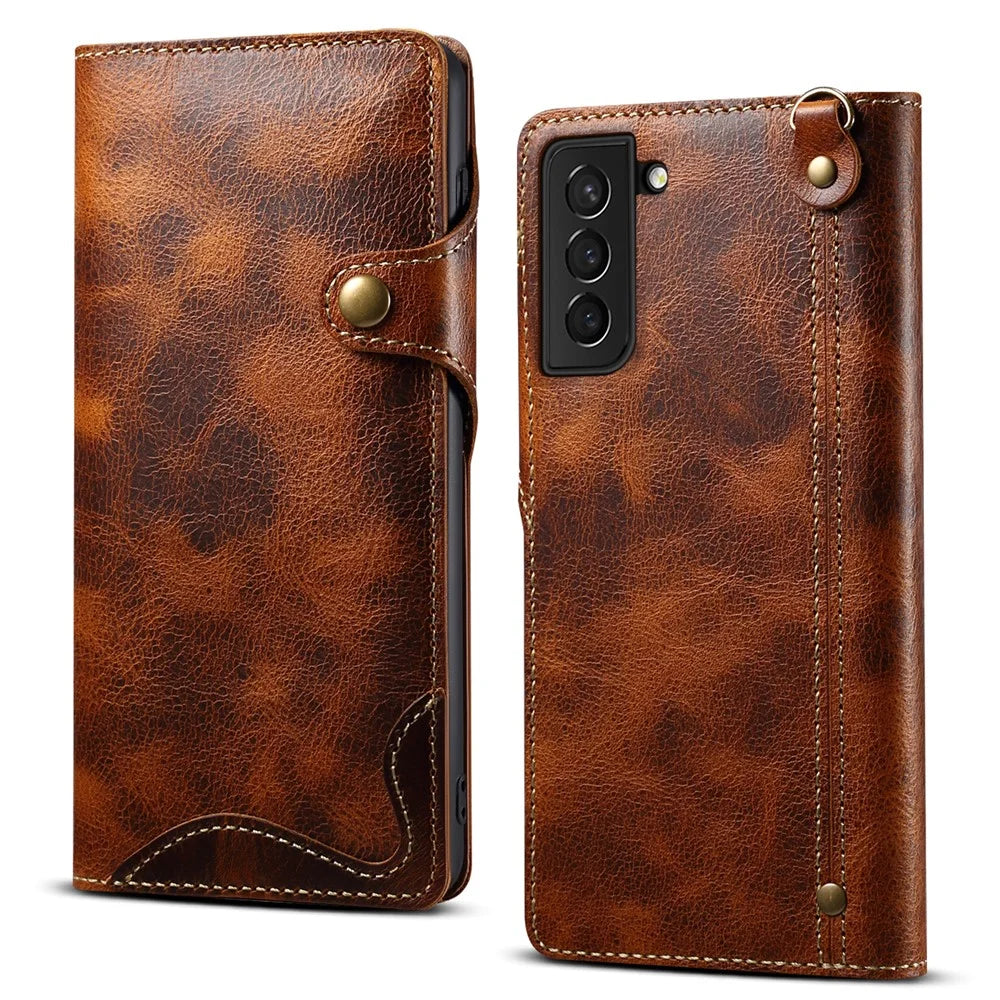 For Samsung Galaxy S23 FE Buckled Retro Oil Wax Genuine Cow Leather+TPU Wallet Case Phone Cover - Brown - 1