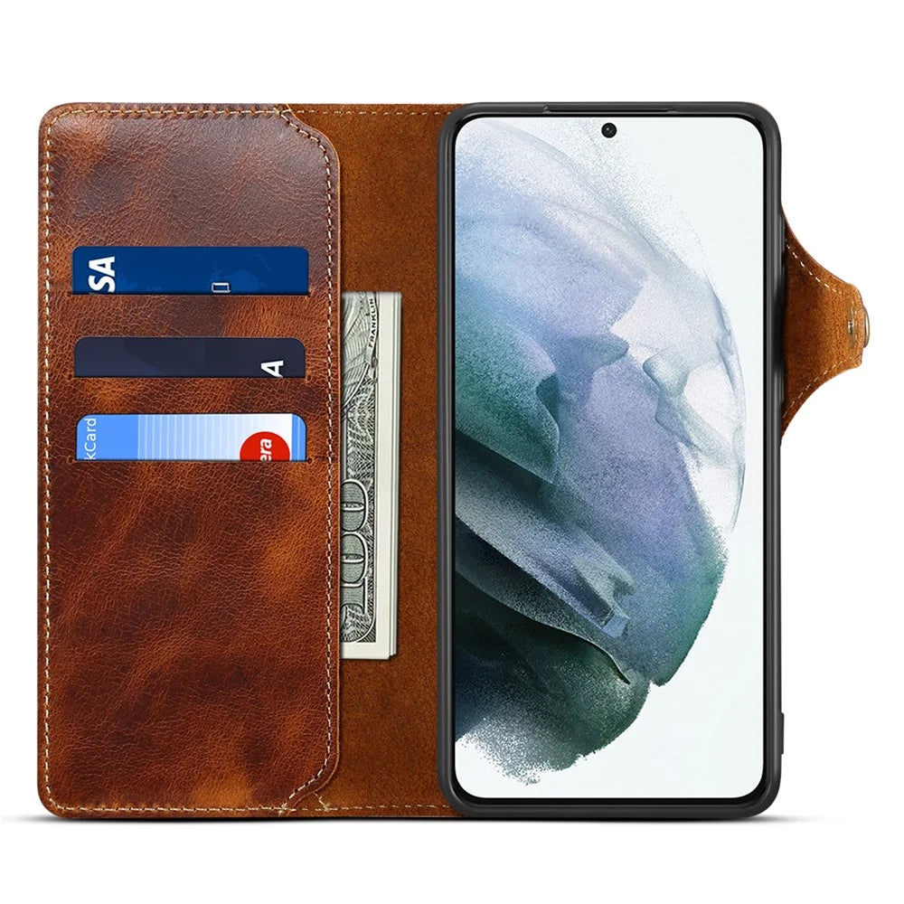 For Samsung Galaxy S23 FE Buckled Retro Oil Wax Genuine Cow Leather+TPU Wallet Case Phone Cover - Brown - 2