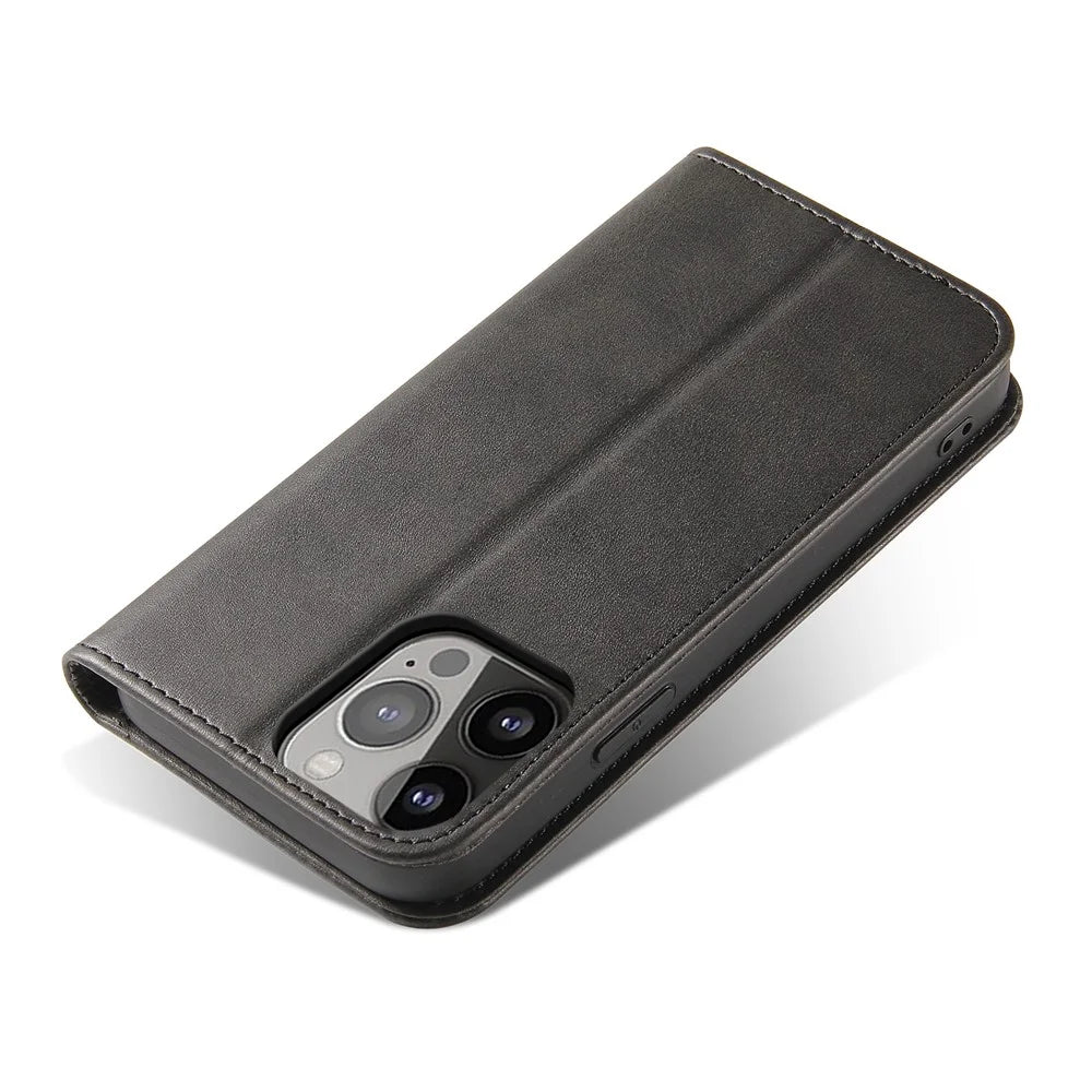 Calf Texture Leather Phone Cover for iPhone 15 Pro Max , Stand Phone Wallet Case - Black - 4