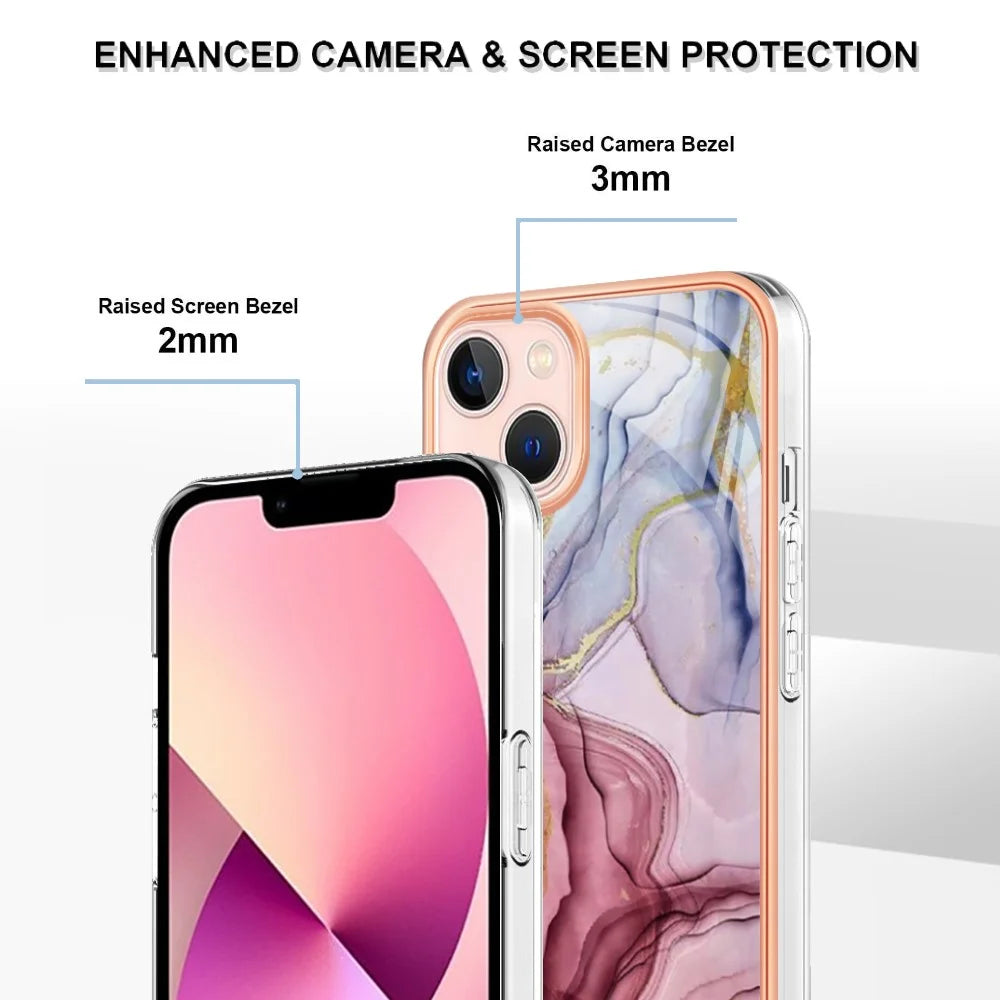 YB IMD Series-16 Style E for iPhone 15 Marble Pattern Phone Case 2.0mm TPU Electroplating Frame IMD Cover - Rose Gold - 3