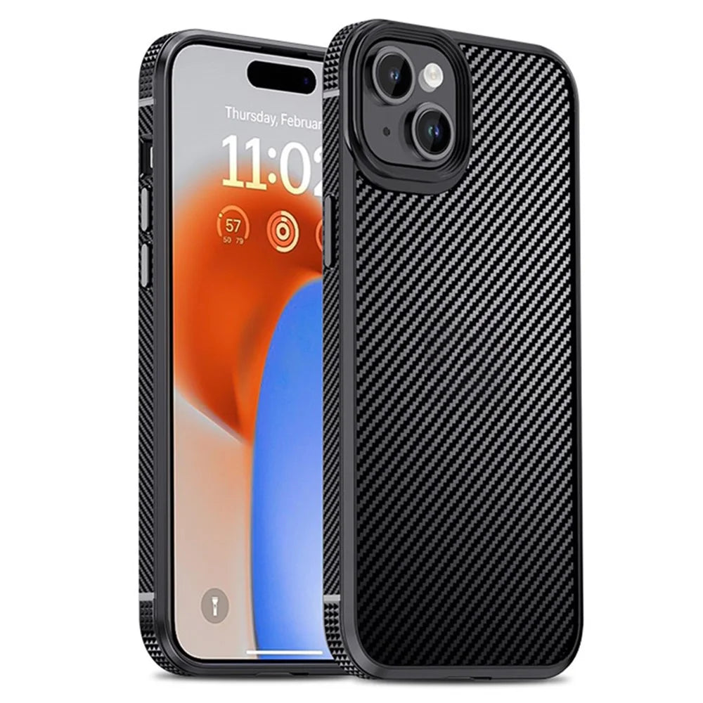 IPAKY For iPhone 15 Plus Anti-scratch Phone Cover Carbon Fiber Texture TPU + PC Back Case - Black - 1