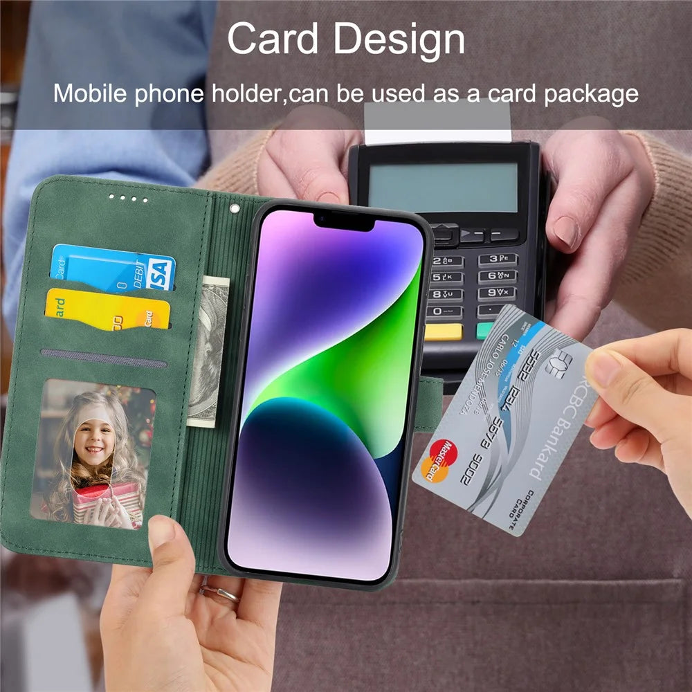 DIERFENG DF-03 Leather Wallet Phone Cover for iPhone 15 Plus , Lines Imprinted Stand Case - Green - 7