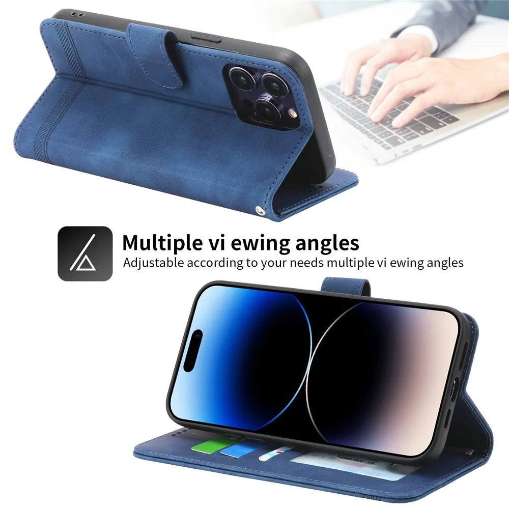 DIERFENG DF-03 Leather Case for iPhone 15 Pro Max , Lines Imprinted Phone Cover with Stand Wallet - Blue - 3