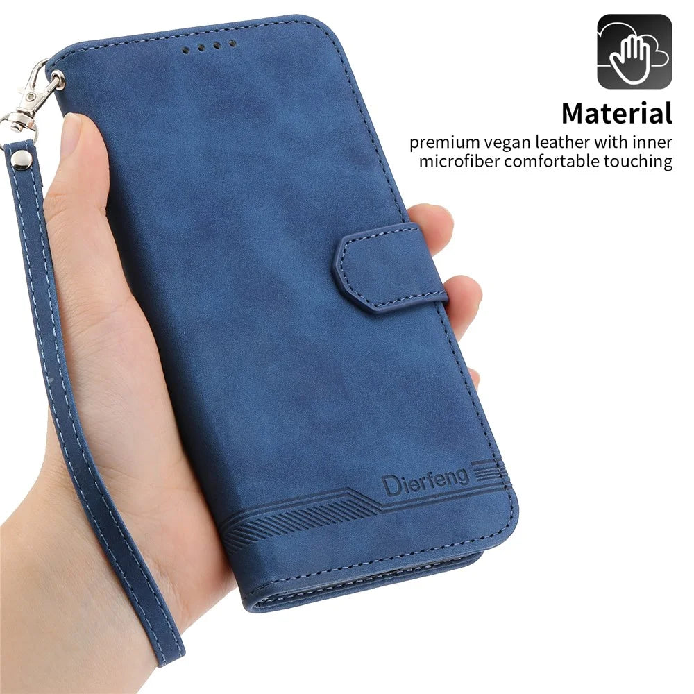 DIERFENG DF-03 Leather Case for iPhone 15 Pro Max , Lines Imprinted Phone Cover with Stand Wallet - Blue - 5