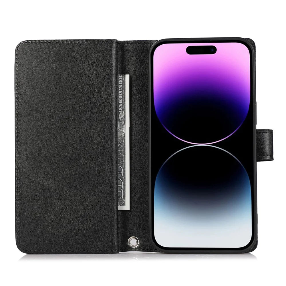 For iPhone 15 Plus Split Leather Folio Case Stand Multiple Card Slots Wallet Phone Cover with Strap - Black - 2