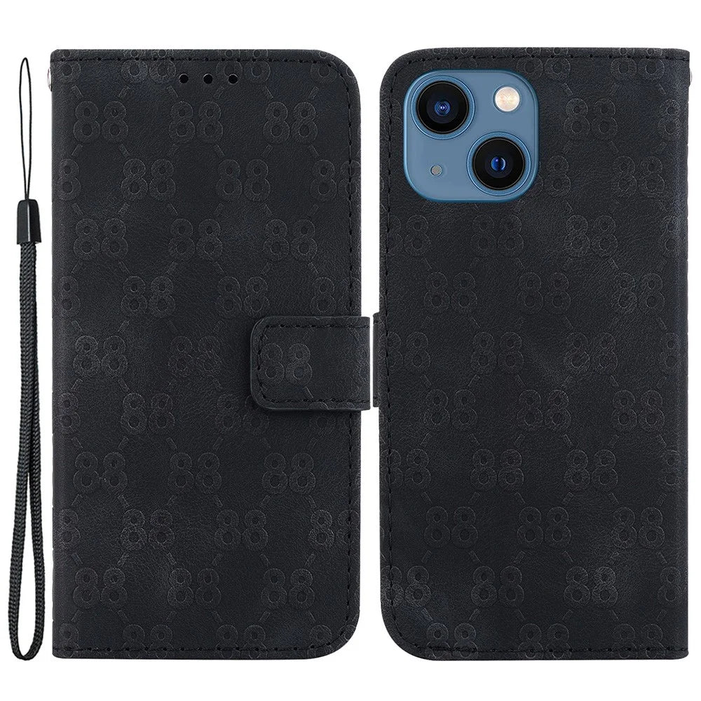 For iPhone 15 Plus Double 8-Shape Imprinted Phone Case Stand Wallet Leather Cover with Hand Strap - Black - 1