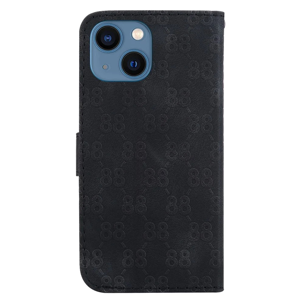 For iPhone 15 Plus Double 8-Shape Imprinted Phone Case Stand Wallet Leather Cover with Hand Strap - Black - 7