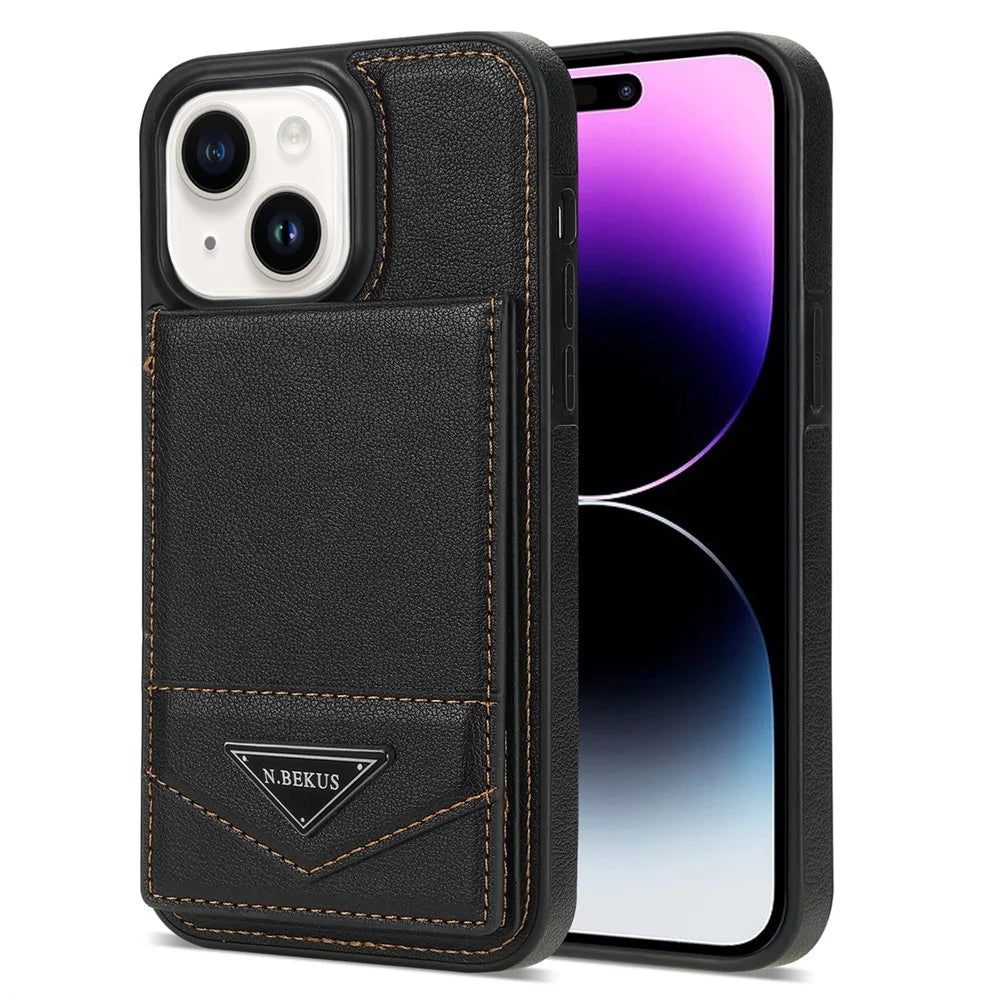 N.BEKUS For iPhone 15 PU Leather + TPU Kickstand Cover Vertical Flip Card Holder RFID Blocking Phone Case - Black - 2