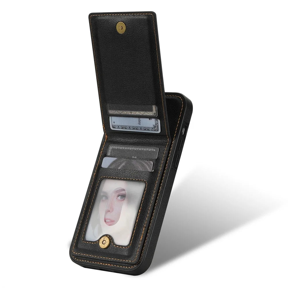 N.BEKUS For iPhone 15 PU Leather + TPU Kickstand Cover Vertical Flip Card Holder RFID Blocking Phone Case - Black - 4