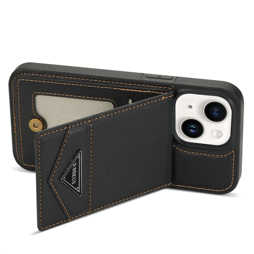 N.BEKUS For iPhone 15 Plus PU Leather Coated TPU Phone Case Vertical Flip Card Holder Kickstand Cover - Black - 5