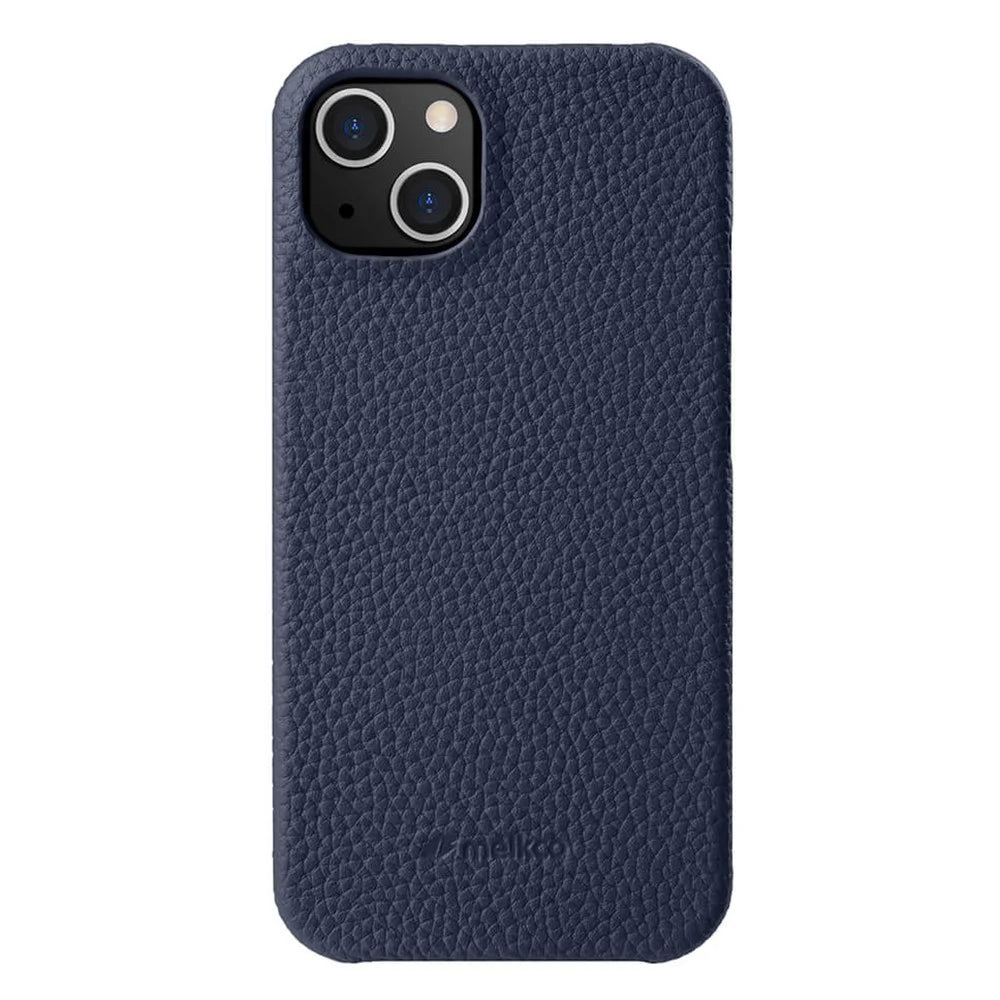 MELKCO Protective Cover for iPhone 15 , Genuine Cow Leather Coated PC Incomplete Phone Case - Dark Blue - 1