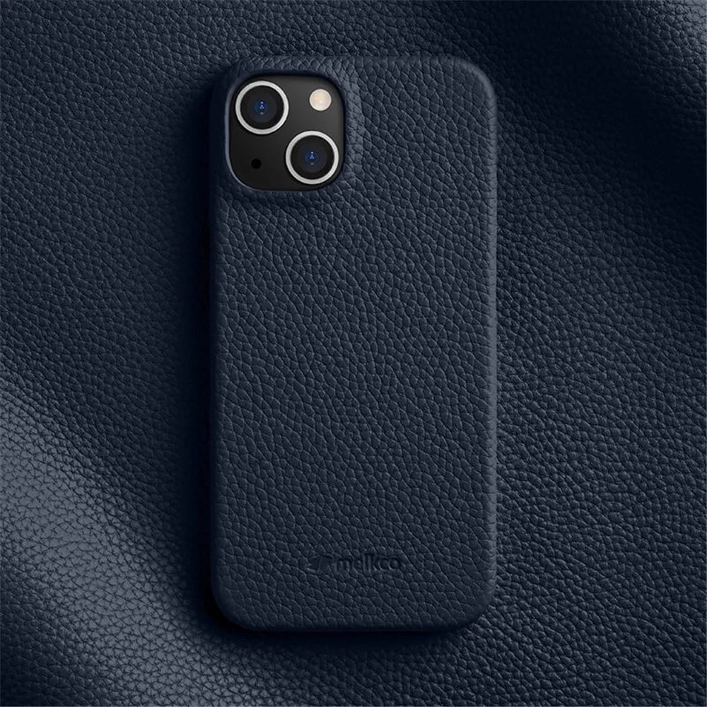 MELKCO Protective Cover for iPhone 15 , Genuine Cow Leather Coated PC Incomplete Phone Case - Dark Blue - 2
