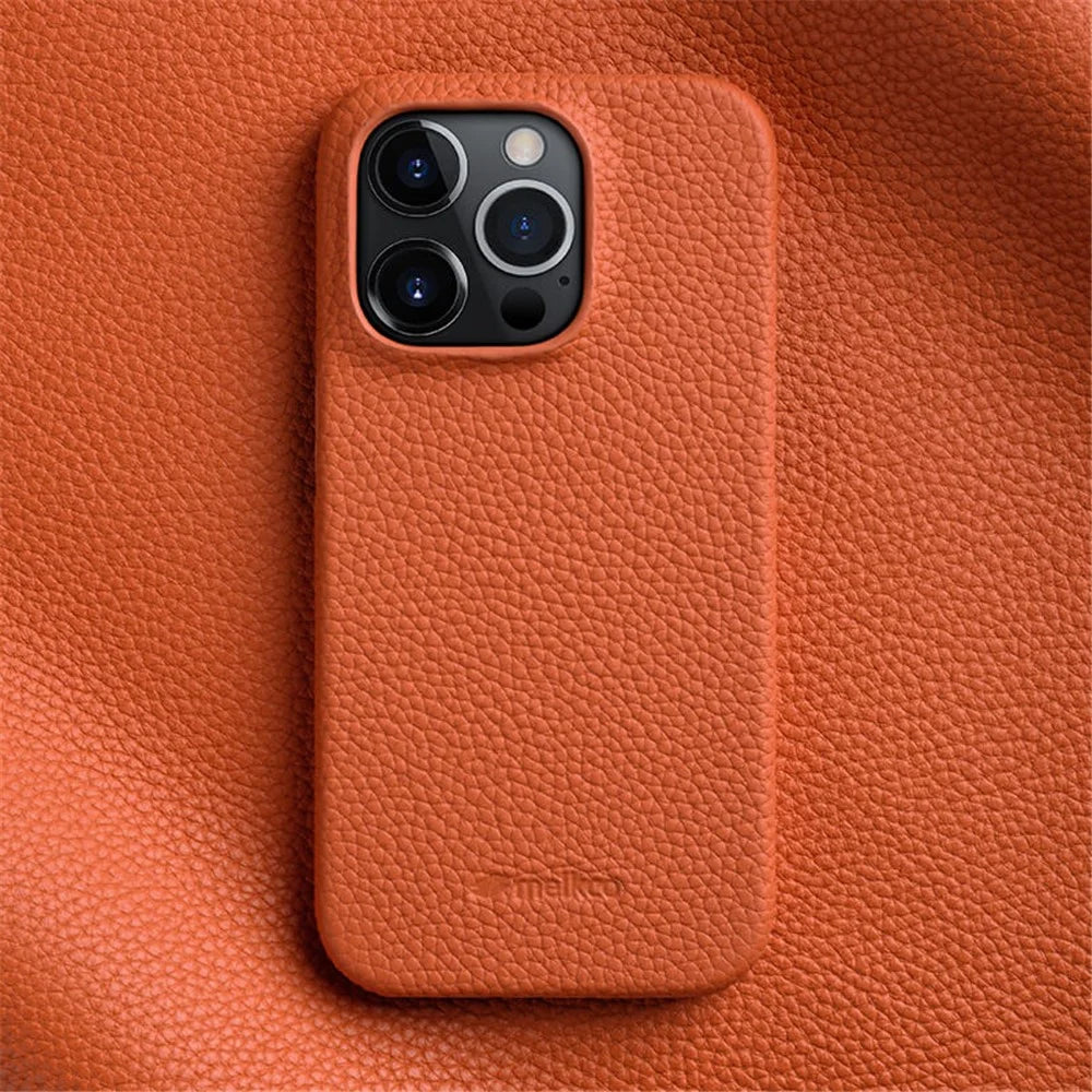 MELKCO Microfiber Lining Cover for iPhone 15 Pro , Genuine Cow Leather Coated PC Incomplete Phone Case - Orange - 2