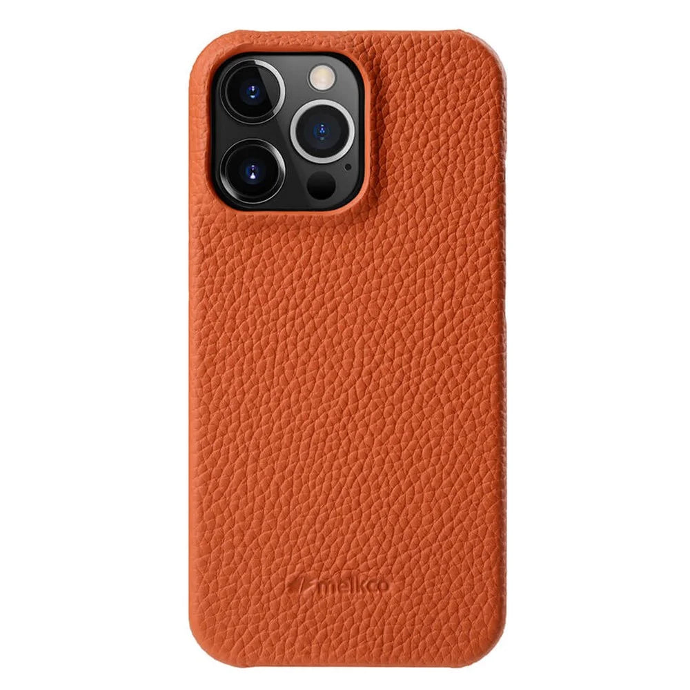 MELKCO Incomplete Protective Cover for iPhone 15 Pro Max , Genuine Cow Leather Coated PC Phone Case - Orange - 1