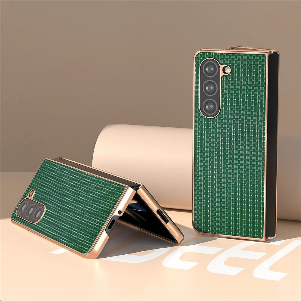 For Samsung Galaxy Z Fold5 5G Electroplating Back Cover Genuine Cow Leather + PC Luxury Texture Phone Case - Green - 2