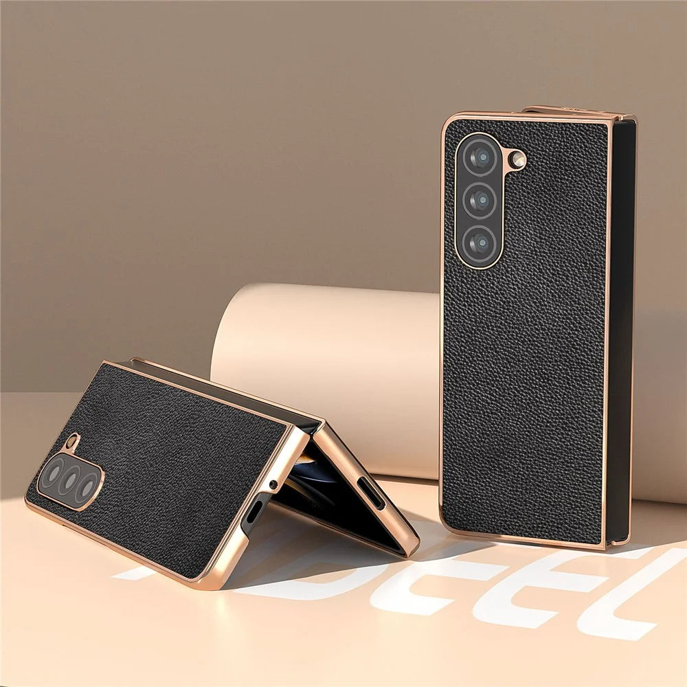 For Samsung Galaxy Z Fold5 5G Electroplating Phone Case Genuine Cow Leather + PC Litchi Texture Cover - Black - 2