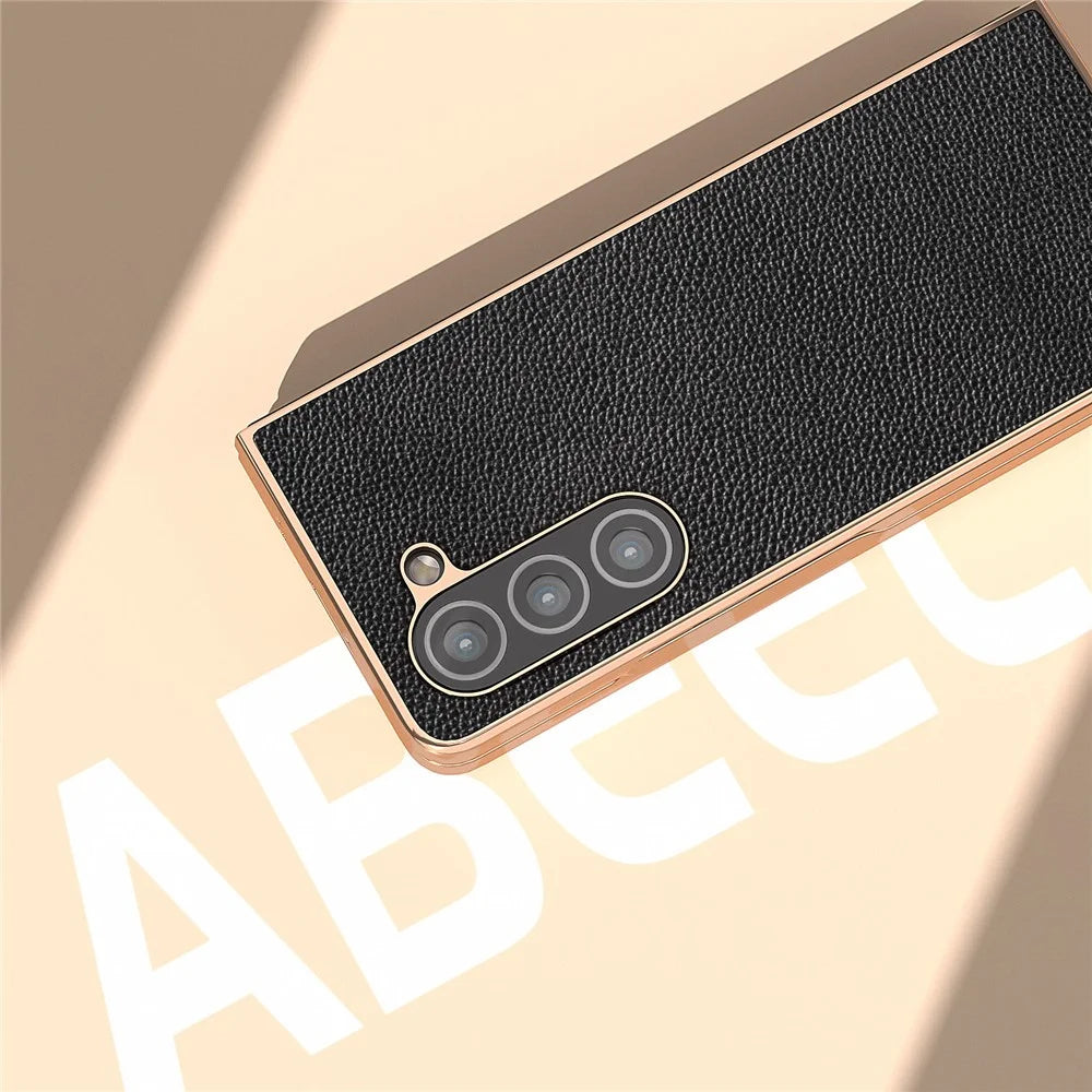 For Samsung Galaxy Z Fold5 5G Electroplating Phone Case Genuine Cow Leather + PC Litchi Texture Cover - Black - 5